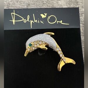 Gold & Silver Dolphin Brooch with Green Crystal Eye